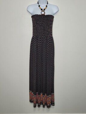 Peachy Girl boho flower print hippie beaded halter smocked maxi dress size xl